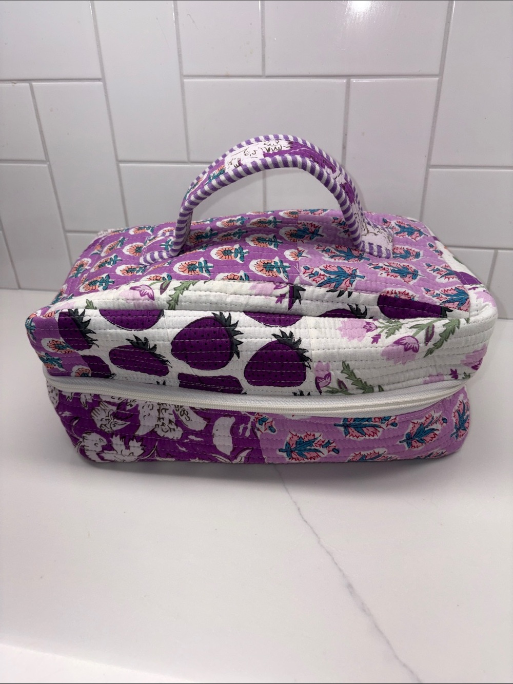 Purple Quilted Cosmetic Case with Handle